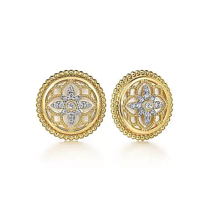 14K Yellow Gold Bujukan Diamonds and White Mother of Pearl Stud Earrings