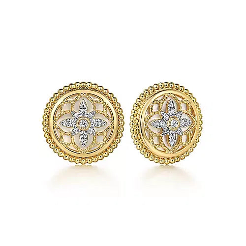 14K Yellow Gold Bujukan Diamonds and White Mother of Pearl Stud Earrings