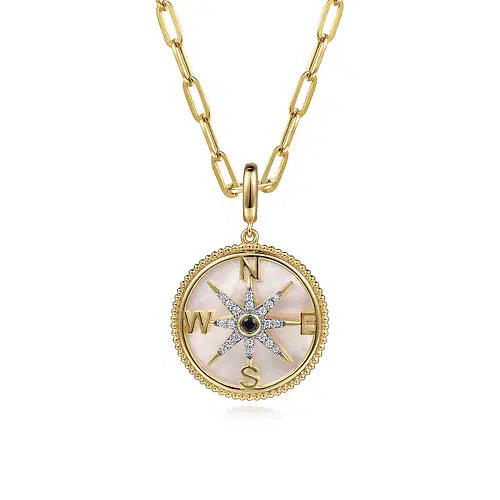 Perfect Mothers Day Gift 14K Yellow Gold Diamond & Blue Sapphire Compass Medallion Pendant