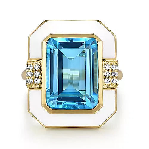 14K Yellow Gold Diamond and Blue Topaz Emerald Cut Ladies Ring With Flower Pattern J-Back and White Enamel