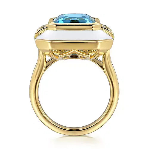 14K Yellow Gold Diamond and Blue Topaz Emerald Cut Ladies Ring With Flower Pattern J-Back and White Enamel