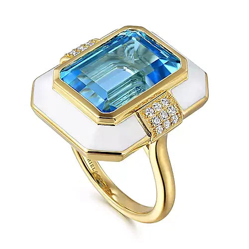 14K Yellow Gold Diamond and Blue Topaz Emerald Cut Ladies Ring With Flower Pattern J-Back and White Enamel