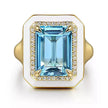 14K Yellow Gold Diamond and Blue Topaz Emerald Cut Ladies Ring With Flower Pattern J-Back and White Enamel