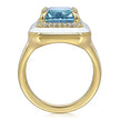 14K Yellow Gold Diamond and Blue Topaz Emerald Cut Ladies Ring With Flower Pattern J-Back and White Enamel