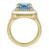 14K Yellow Gold Diamond and Blue Topaz Emerald Cut Ladies Ring With Flower Pattern J-Back and White Enamel