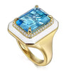 14K Yellow Gold Diamond and Blue Topaz Emerald Cut Ladies Ring With Flower Pattern J-Back and White Enamel