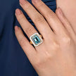 14K Yellow Gold Diamond and Blue Topaz Emerald Cut Ladies Ring With Flower Pattern J-Back and White Enamel