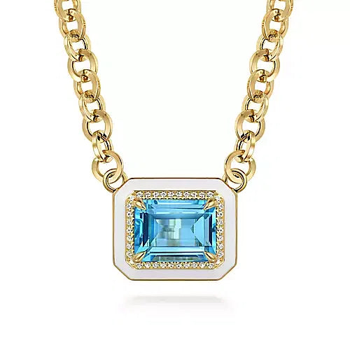 14K Yellow Gold Diamond and Blue Topaz Emerald Cut Necklace With Flower Pattern J-Back and White Enamel