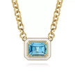 14K Yellow Gold Diamond and Blue Topaz Emerald Cut Necklace With Flower Pattern J-Back and White Enamel