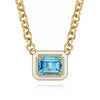 14K Yellow Gold Diamond and Blue Topaz Emerald Cut Necklace With Flower Pattern J-Back and White Enamel