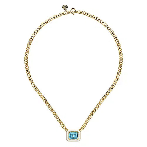 14K Yellow Gold Diamond and Blue Topaz Emerald Cut Necklace With Flower Pattern J-Back and White Enamel