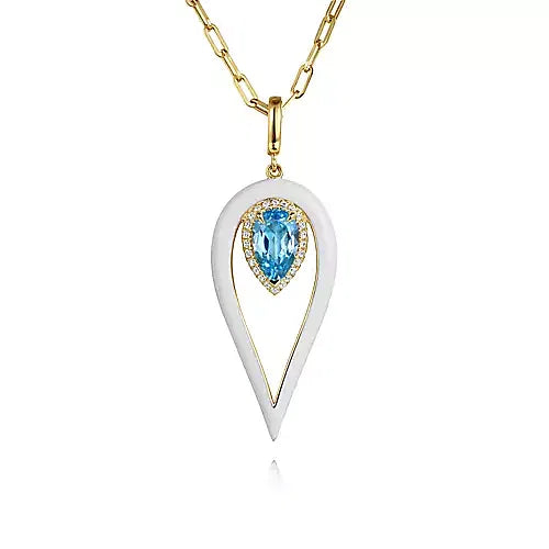 Opulent Diamond and Blue Topaz Pear Shape Enamel Drop Necklace in 14K Yellow Gold | Gemma's Jewelers