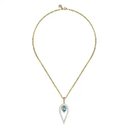 Opulent Diamond and Blue Topaz Pear Shape Enamel Drop Necklace in 14K Yellow Gold | Gemma's Jewelers