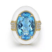 14K Yellow Gold Diamond and Blue Topaz Oval Shape Ladies Ring With Flower Pattern J-Back and White Enamel