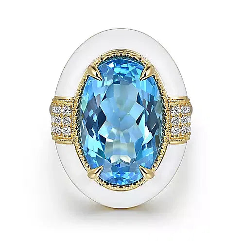 14K Yellow Gold Diamond and Blue Topaz Oval Shape Ladies Ring With Flower Pattern J-Back and White Enamel