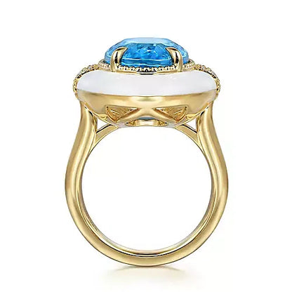 14K Yellow Gold Diamond and Blue Topaz Oval Shape Ladies Ring With Flower Pattern J-Back and White Enamel
