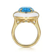 14K Yellow Gold Diamond and Blue Topaz Oval Shape Ladies Ring With Flower Pattern J-Back and White Enamel