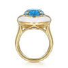 14K Yellow Gold Diamond and Blue Topaz Oval Shape Ladies Ring With Flower Pattern J-Back and White Enamel