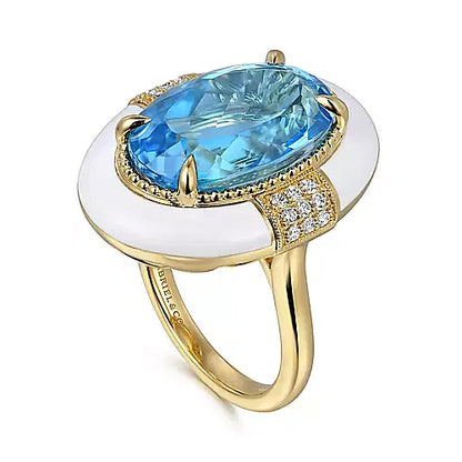 14K Yellow Gold Diamond and Blue Topaz Oval Shape Ladies Ring With Flower Pattern J-Back and White Enamel