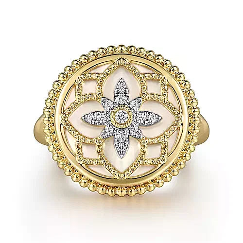 14K Yellow Gold Diamonds and White Mother of Pearl Bujukan Signet Ring