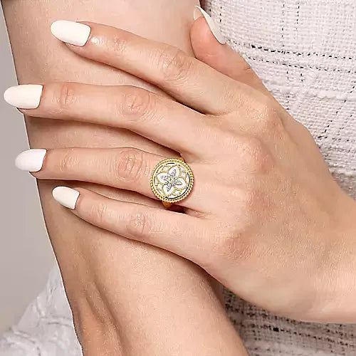 14K Yellow Gold Diamonds and White Mother of Pearl Bujukan Signet Ring