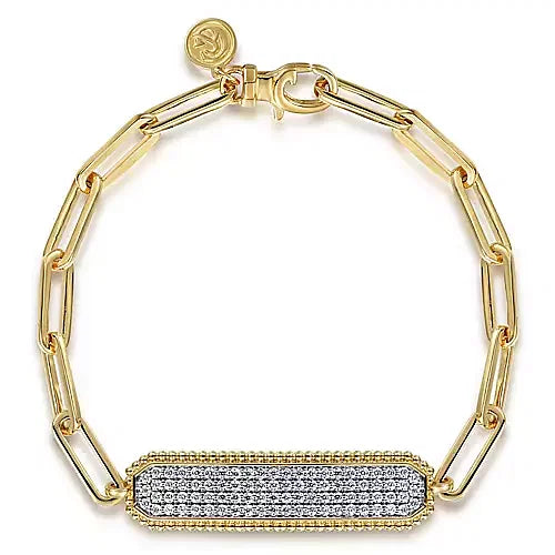 14K Yellow Gold Hollow Paperclip Chain Diamond Pave ID Bracelet