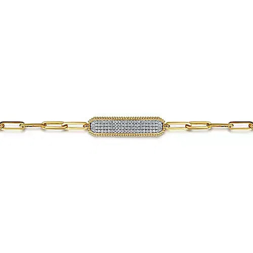 14K Yellow Gold Hollow Paperclip Chain Diamond Pave ID Bracelet