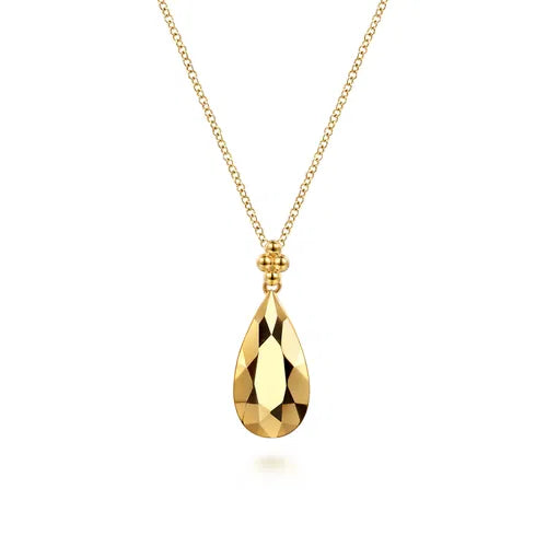 14K Yellow Plain Gold Bujukan and Teardrop Texture Pendant Necklace