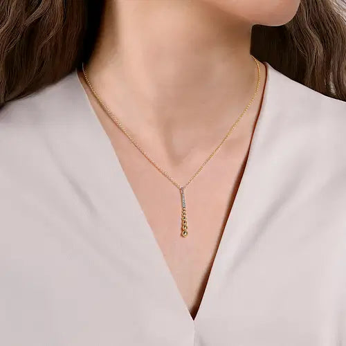 14K Yellow-White Gold Bujukan Bead Y Necklace with Diamond Pave Accent
