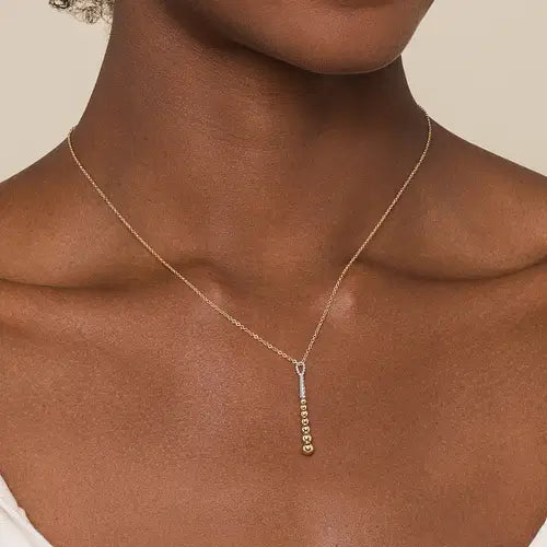 14K Yellow-White Gold Bujukan Bead Y Necklace with Diamond Pave Accent