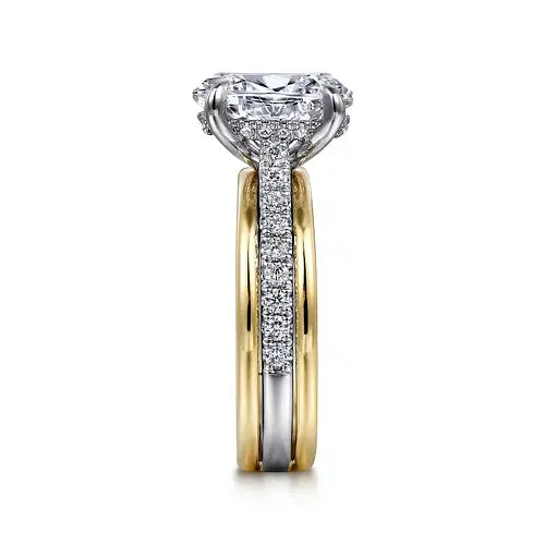 14K Yellow-White Gold Wide Band Oval Diamond Engagement Ring