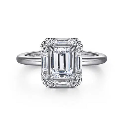 Art Deco 14K White Gold Halo Emerald Cut Diamond Engagement Ring