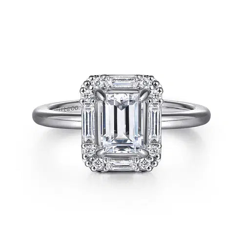 Art Deco 14K White Gold Halo Emerald Cut Diamond Engagement Ring