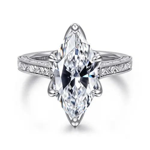 Vintage Inspired 14K White Gold Marquise Shape Solitaire Diamond Engagement Ring