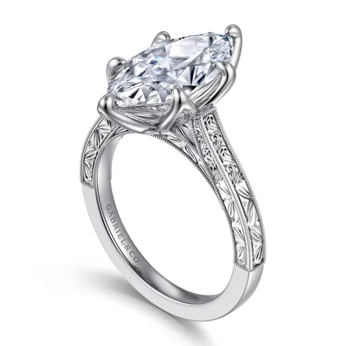 Vintage Inspired 14K White Gold Marquise Shape Solitaire Diamond Engagement Ring