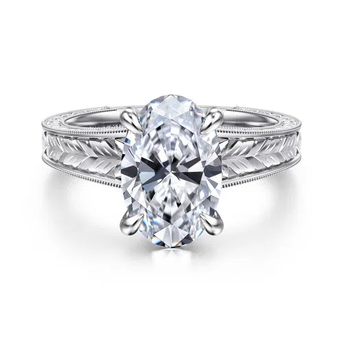 Vintage Inspired 14K White Gold Oval Solitaire Diamond Engagement Ring