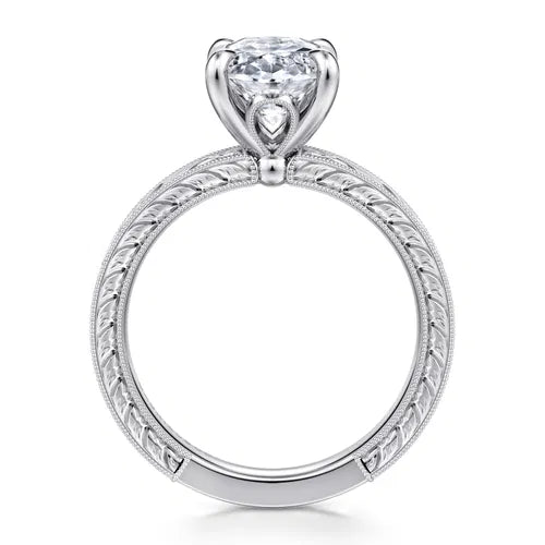 Vintage Inspired 14K White Gold Oval Solitaire Diamond Engagement Ring