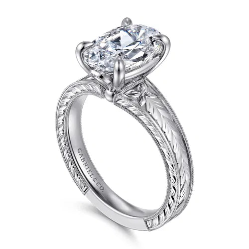 Vintage Inspired 14K White Gold Oval Solitaire Diamond Engagement Ring