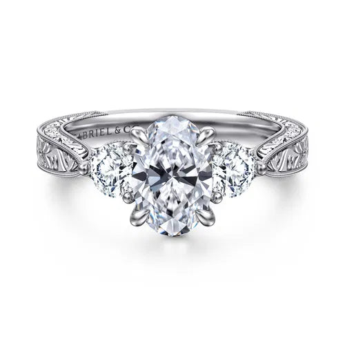 Vintage Inspired 14K White Gold Oval Three Stone Diamond Engagement Ring