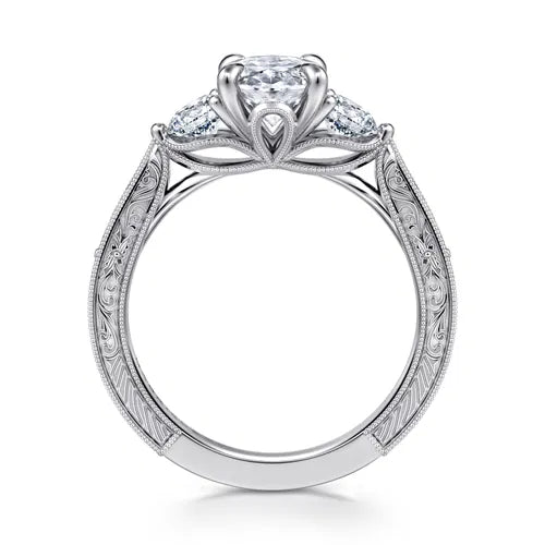 Vintage Inspired 14K White Gold Oval Three Stone Diamond Engagement Ring