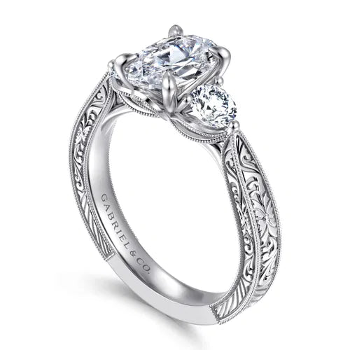Vintage Inspired 14K White Gold Oval Three Stone Diamond Engagement Ring