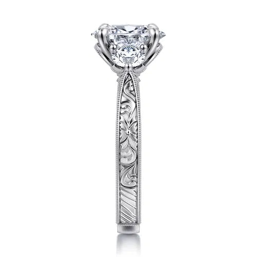 Vintage Inspired 14K White Gold Oval Three Stone Diamond Engagement Ring