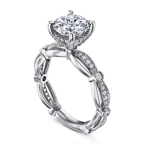 Vintage Inspired 14K White Gold Round Diamond Engagement Ring