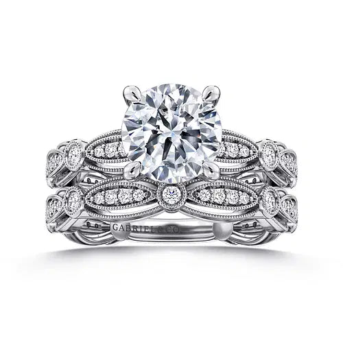 Vintage Inspired 14K White Gold Round Diamond Engagement Ring