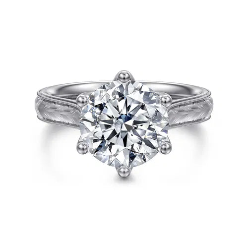 Vintage Inspired 14K White Gold Round Solitaire Diamond Engagement Ring