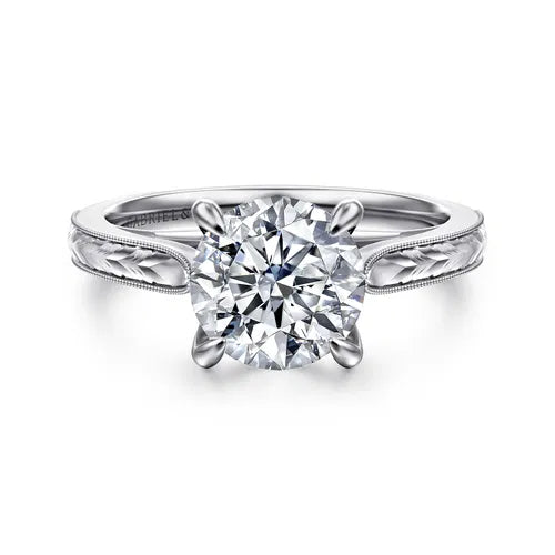 Vintage Inspired 14K White Gold Round Solitaire Diamond Engagement Ring