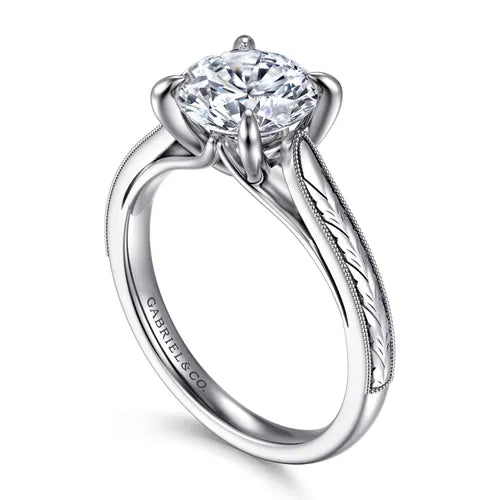Vintage Inspired 14K White Gold Round Solitaire Diamond Engagement Ring