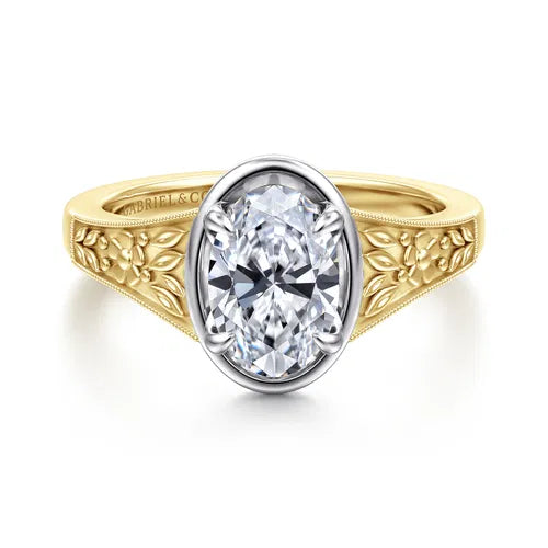 Vintage Inspired 14K White-Yellow Gold Oval Solitaire Diamond Engagement Ring