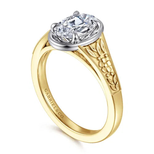 Vintage Inspired 14K White-Yellow Gold Oval Solitaire Diamond Engagement Ring