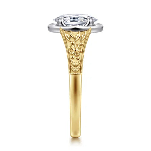 Vintage Inspired 14K White-Yellow Gold Oval Solitaire Diamond Engagement Ring